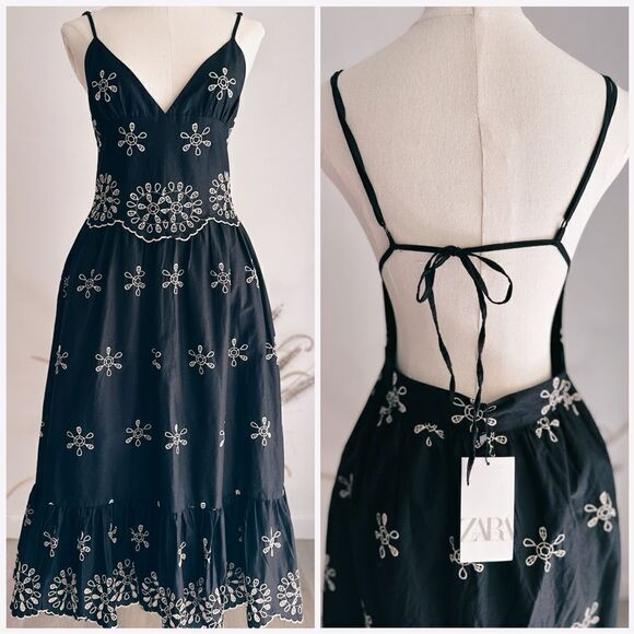Zara Embroidered Dress Black New - Picture 3 of 3